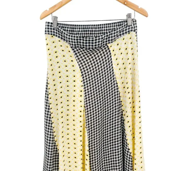 GANNI Daisy Printed Floral Crepe Paneled Maxi Skirt Gingham Yellow Flowy EU 40 - Picture 7 of 15